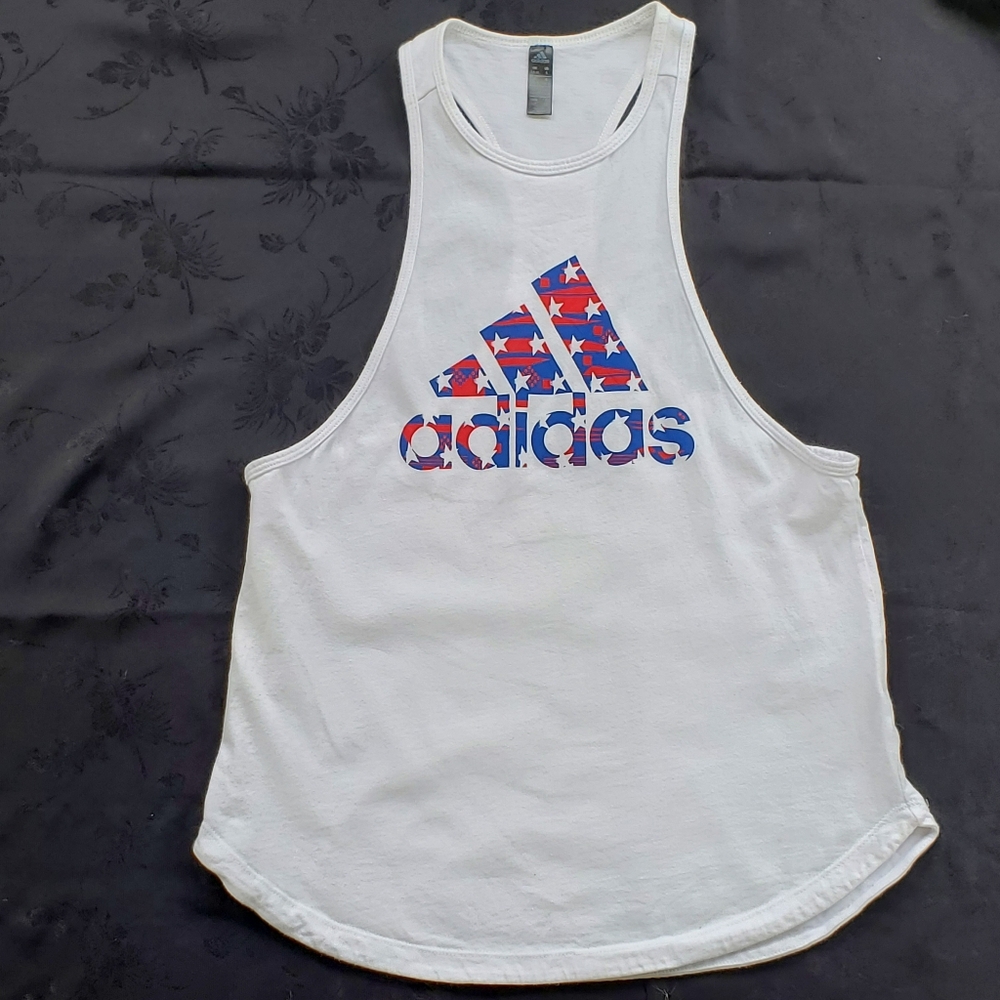 Adidas American Flag Tank Top Women's Small T Racer Back White Cotton Patriotic